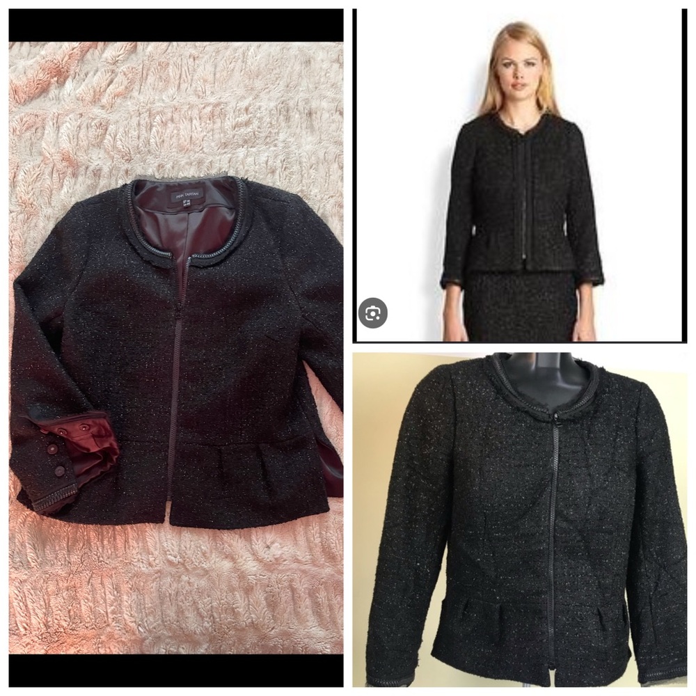 PINK TARTAN Black Metallic Tweed Zipper Jacket Blazer Lined. Sleeves Chiffon.